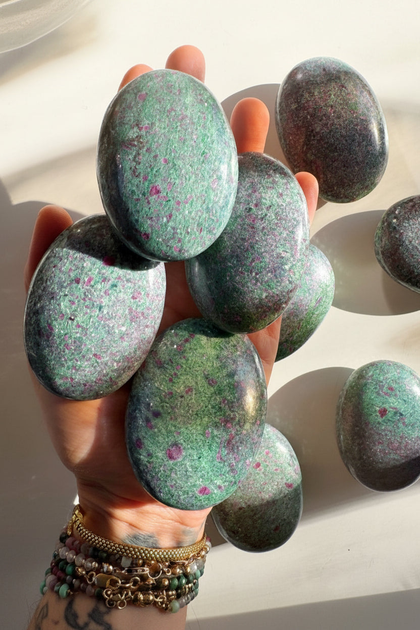 Ruby in Fuchsite & Blue Kyanite Palm Stone — main product image