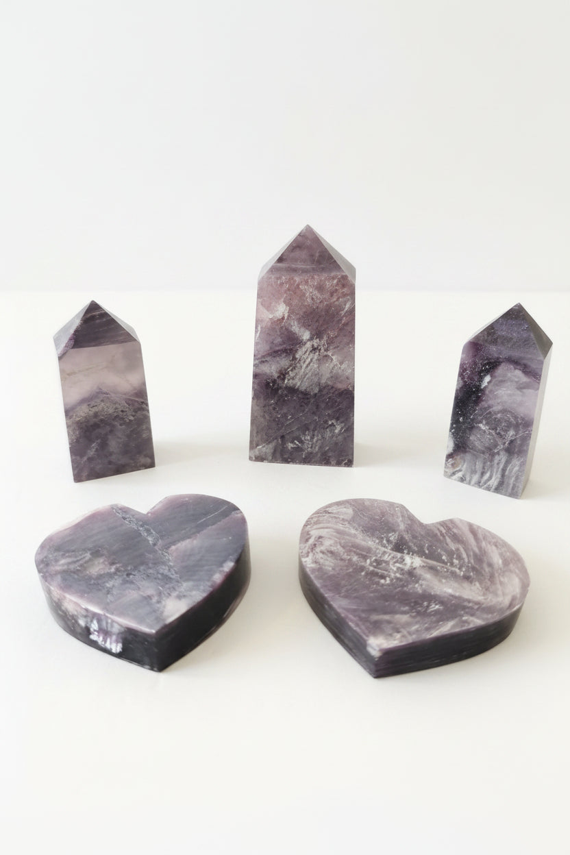 Lepidolite Crystal Tower & Heart Sculptures | Energized Crystals