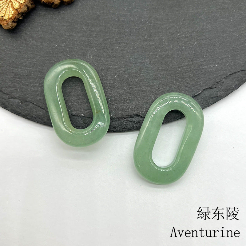 Natural Crystal Oval Pendant – Amethyst, Rose Quartz, Tiger Eye, Aventurine, Jade – Large Hole O-Ring Connector, DIY Jewelry Accessory (1 Piece) — additional product photo