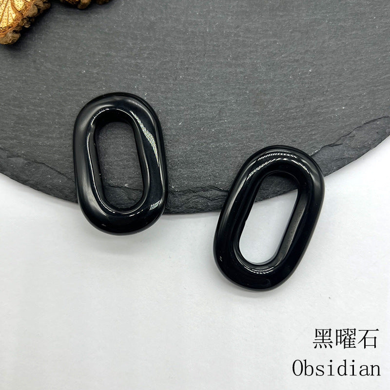 Natural Crystal Oval Pendant – Amethyst, Rose Quartz, Tiger Eye, Aventurine, Jade – Large Hole O-Ring Connector, DIY Jewelry Accessory (1 Piece) — additional product photo