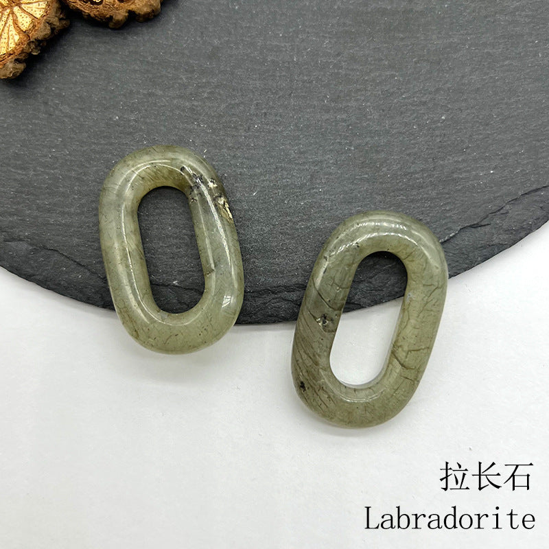 Natural Crystal Oval Pendant – Amethyst, Rose Quartz, Tiger Eye, Aventurine, Jade – Large Hole O-Ring Connector, DIY Jewelry Accessory (1 Piece) — additional product photo