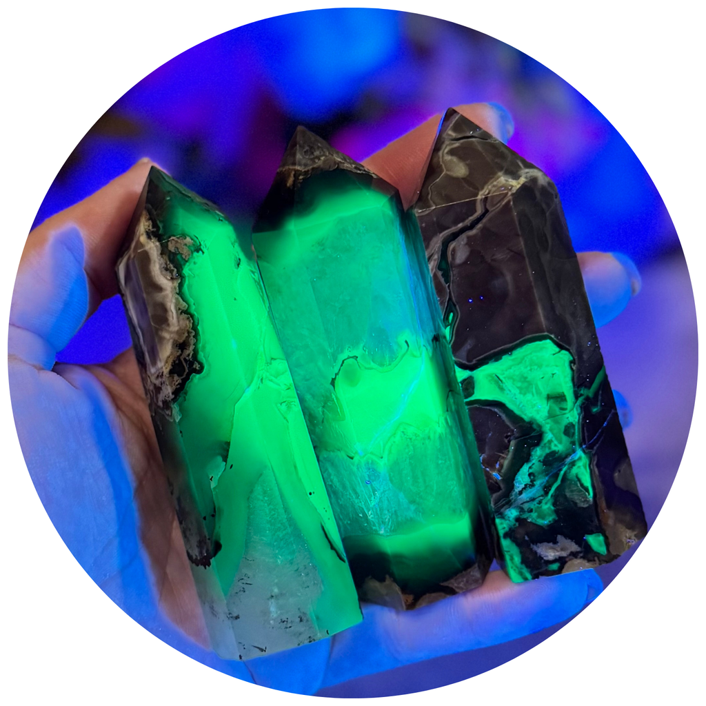 Volcano Agate Towers — UV Fluorescent Green Crystals | Clairvoyant Crystals
